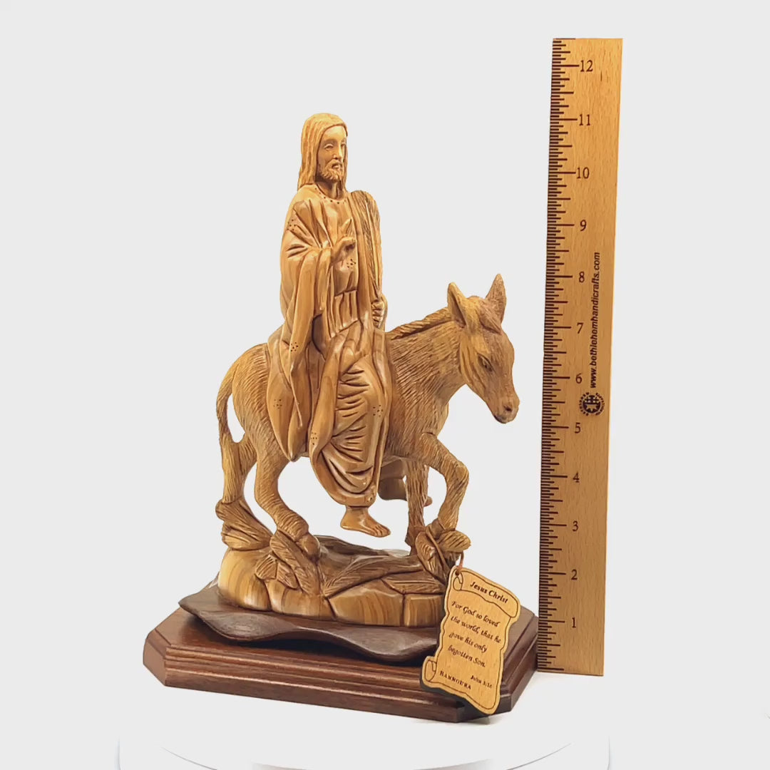 Jesus Christ Riding Donkey, "Entry Into Jerusalem", 11.2" Wood Carving from Holy Land