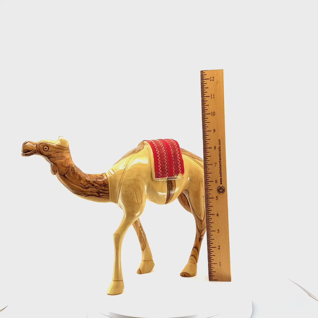 Wooden Camel w/ Red Saddle, Nativity Figurine, 9.4" Hand Carved from Bethlehem