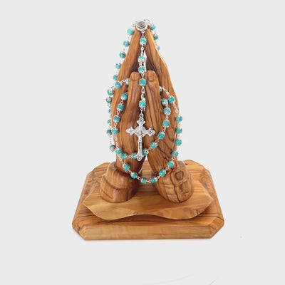 Rosary with Turquoise Stones, Metal Chain and 2" Crucifix, Heavy Blue Coral Stone from Holy Land