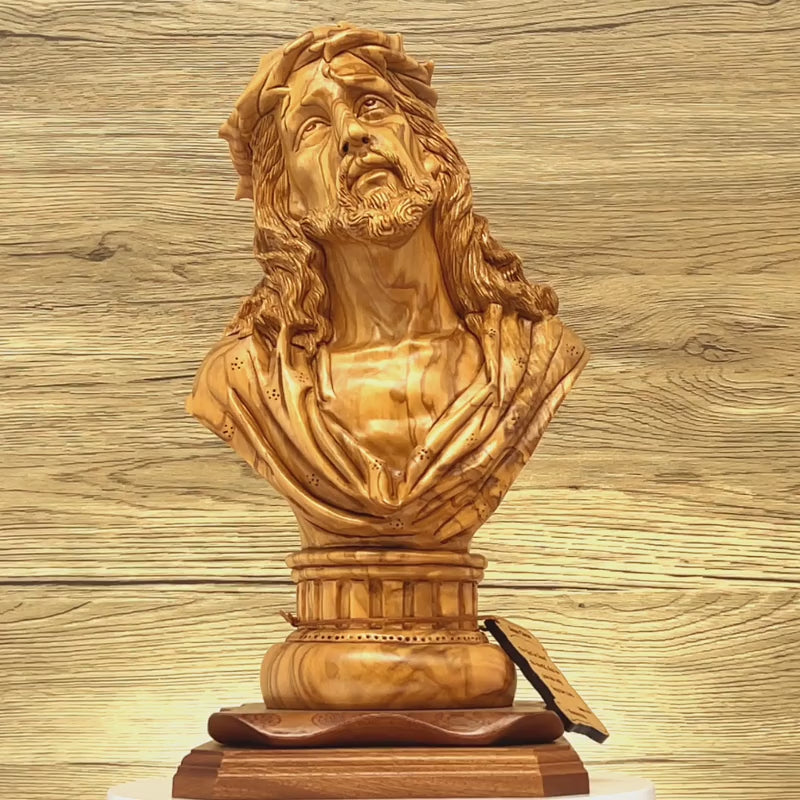Bust of Jesus Christ, 14.5" Sculpture, Holy Land Olive Wood