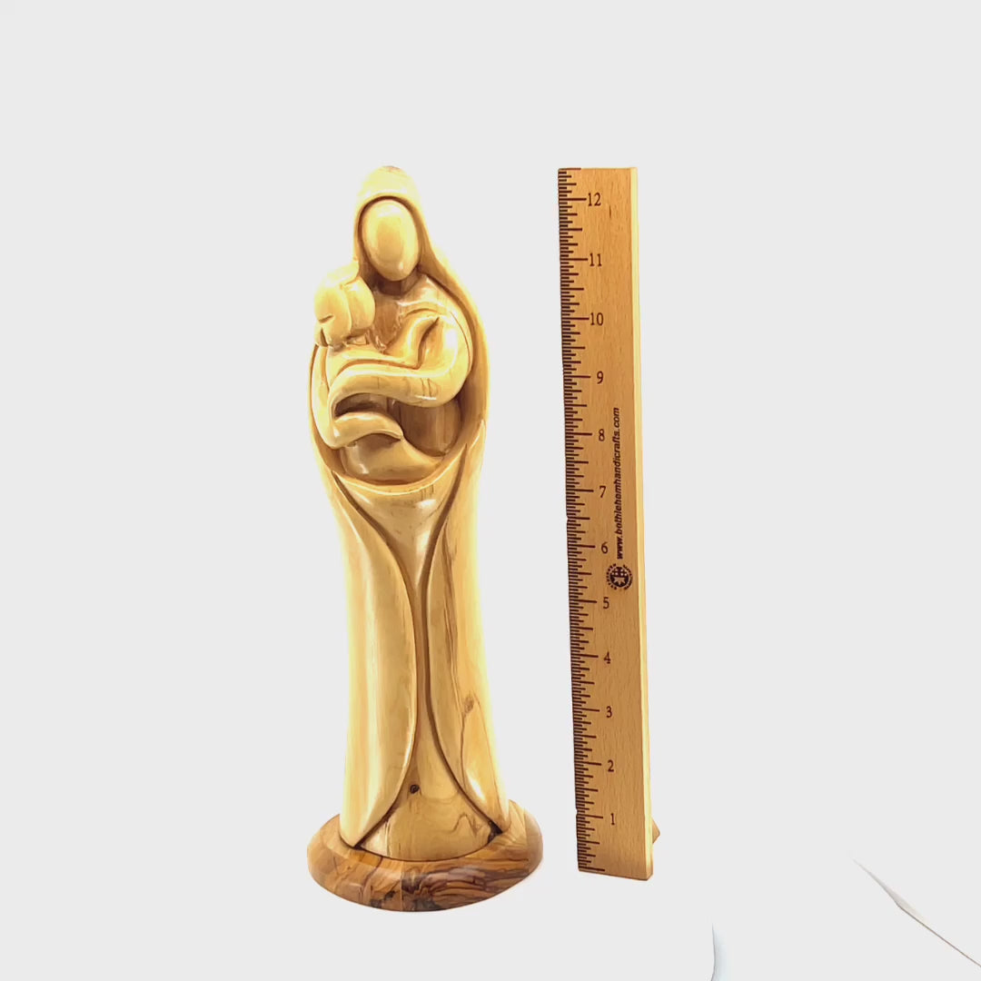 Virgin Mary with Holy Child (Abstract), 12.8" Olive Wood Carving Statue from Bethlehem