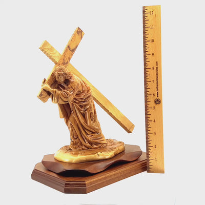 Jesus Christ "Holding Cross" Wooden Sculpture 13"