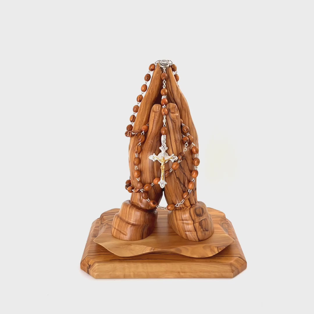 Rosary, Smooth Oval Beads, 16.5", Holy Land Olive Wood, Silver and Gold Plated Crucifix