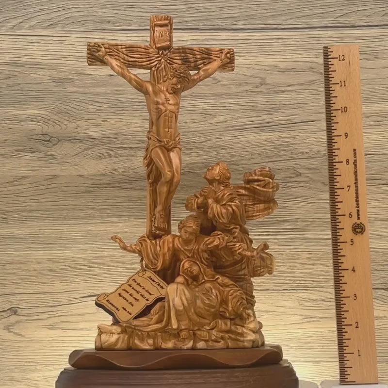 Christ Crucified on Cross with Mary Magdalene and St. John 14.4", Olive Wood Statue