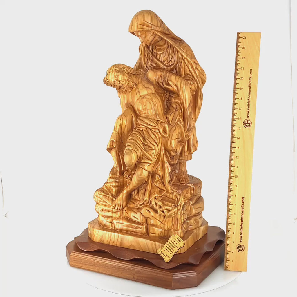 Contemplative Pieta Statue 26.4", Very Large Olive Wood Carving Statue from Bethlehem