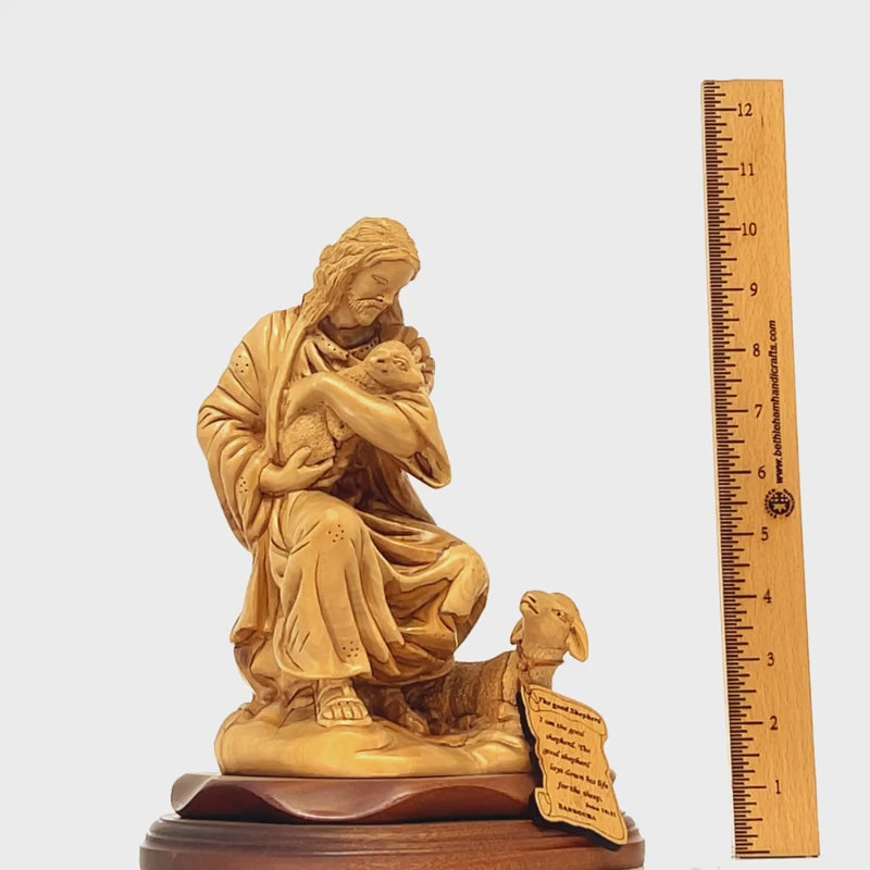 The Good Shepherd, Jesus Christ, 10.5" Carving from Holy Land Olive Wood
