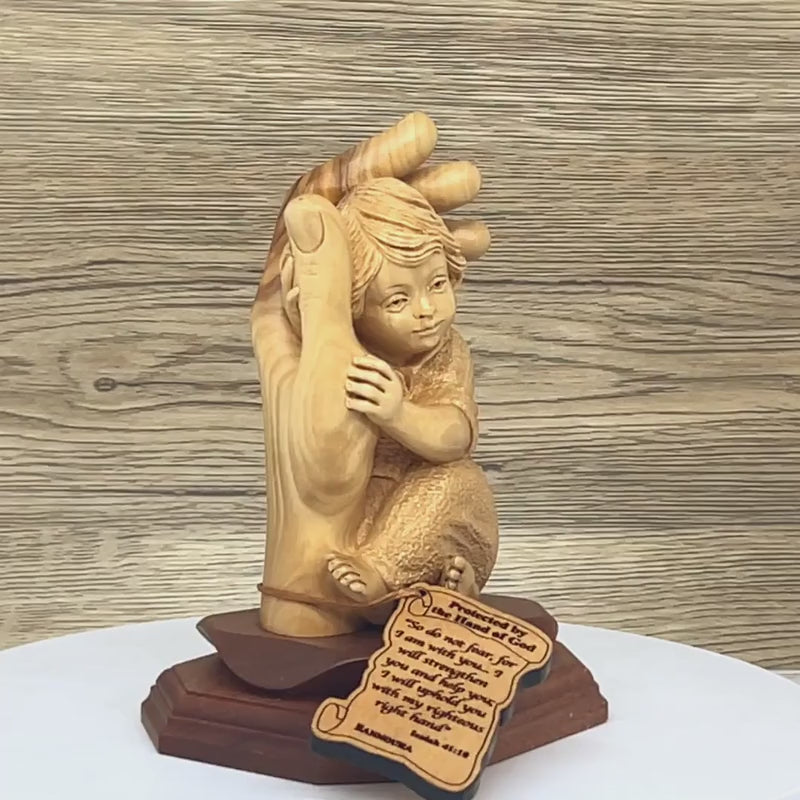 Baby Boy Protected by the Hand of God, 6.5" Olive Wood Carving