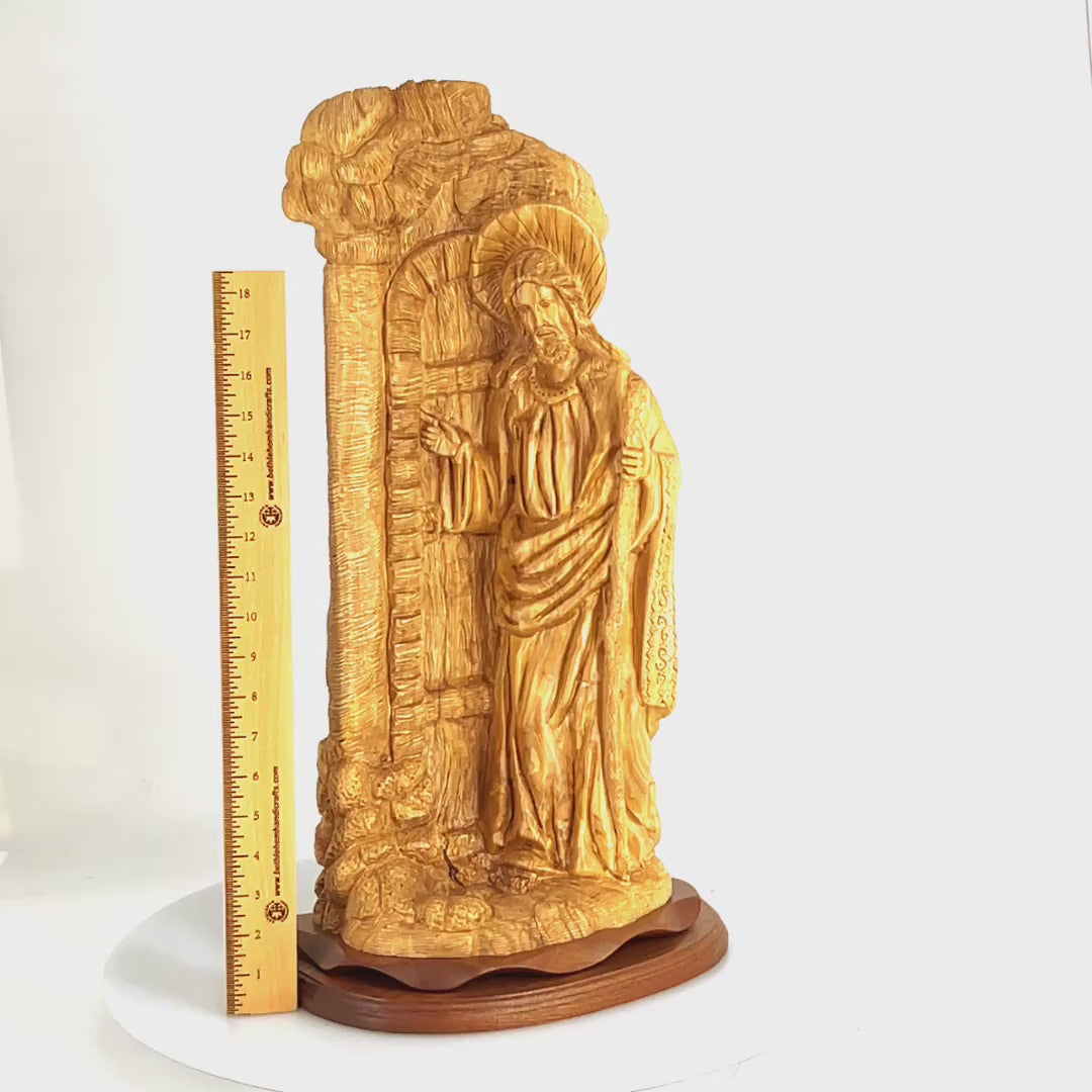 Jesus Christ "Knocking at the Door" Sculpture, 22.3" Olive Wood Carving from Holy Land