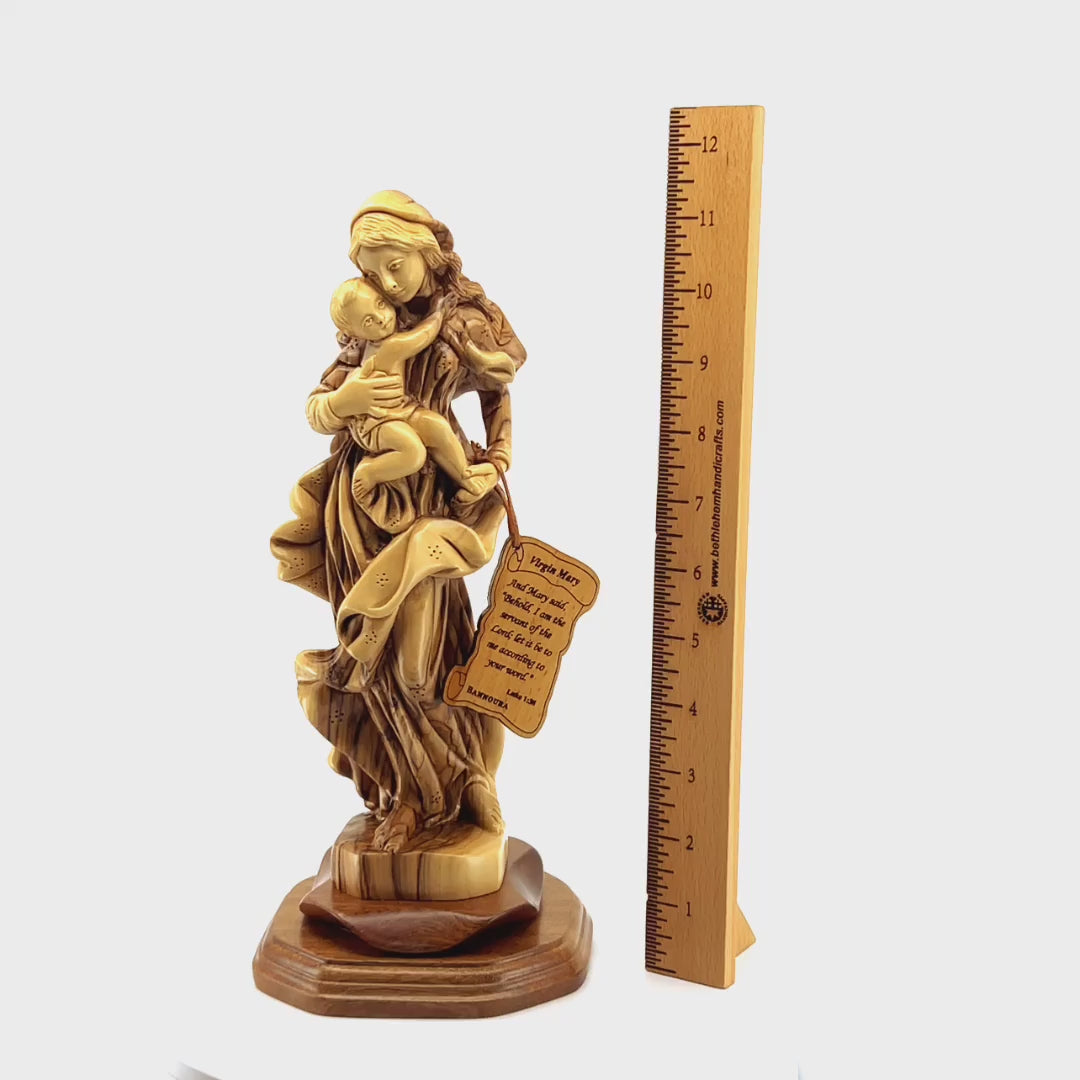 Virgin Mary Holding Baby Jesus, 11.4" Carved from the Holy Land Olive Wood