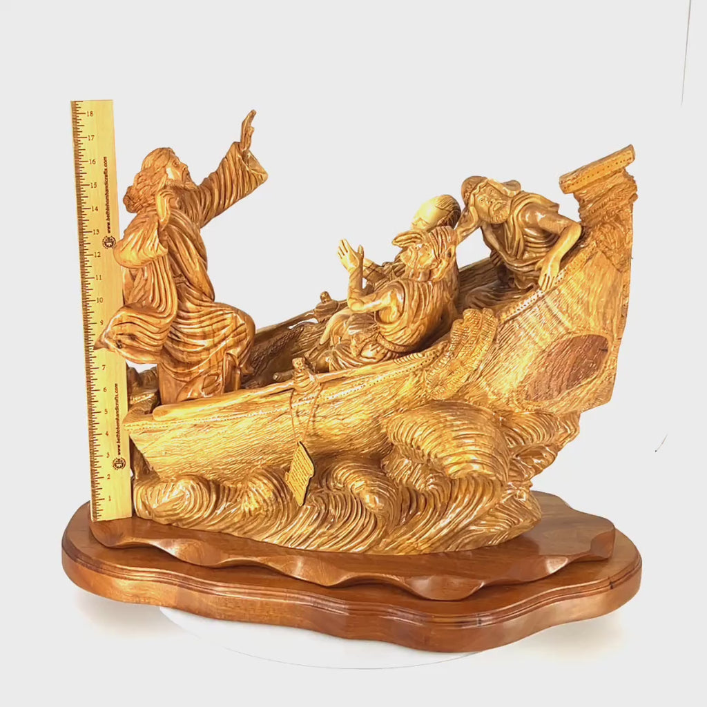 Jesus Christ "Calms The Storm" on Boat, 18.5" Tall, Very Large Masterpiece Wooden Carving