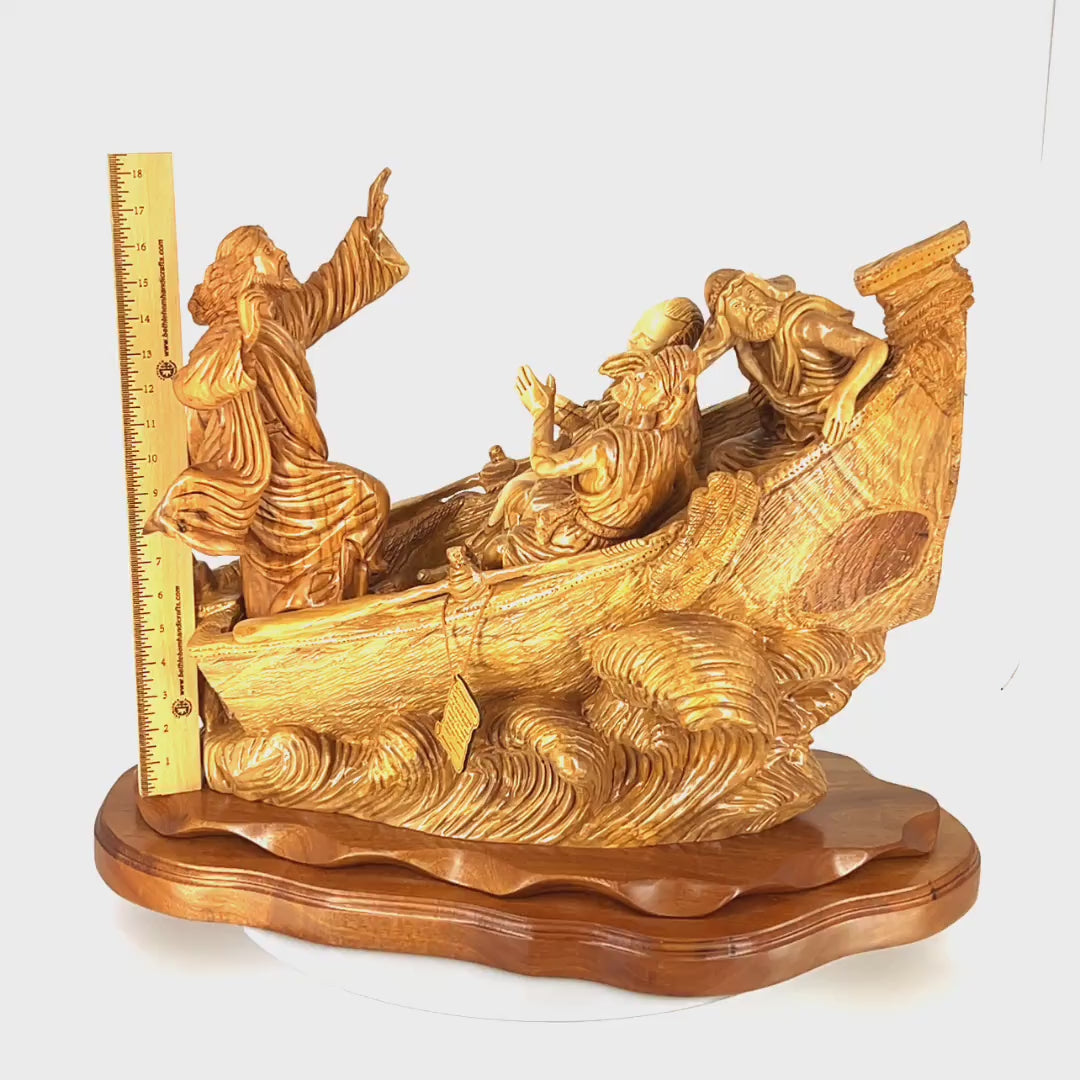 Jesus Christ "Calms The Storm" on Boat,  18.5" Tall, Very Large Masterpiece Wooden Carving