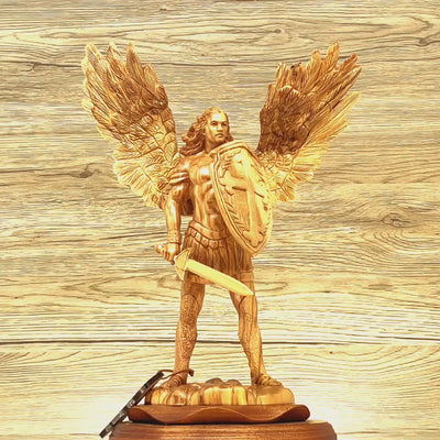 Archangel Micheal Statue 15", Carved from Holy Land Olive Wood