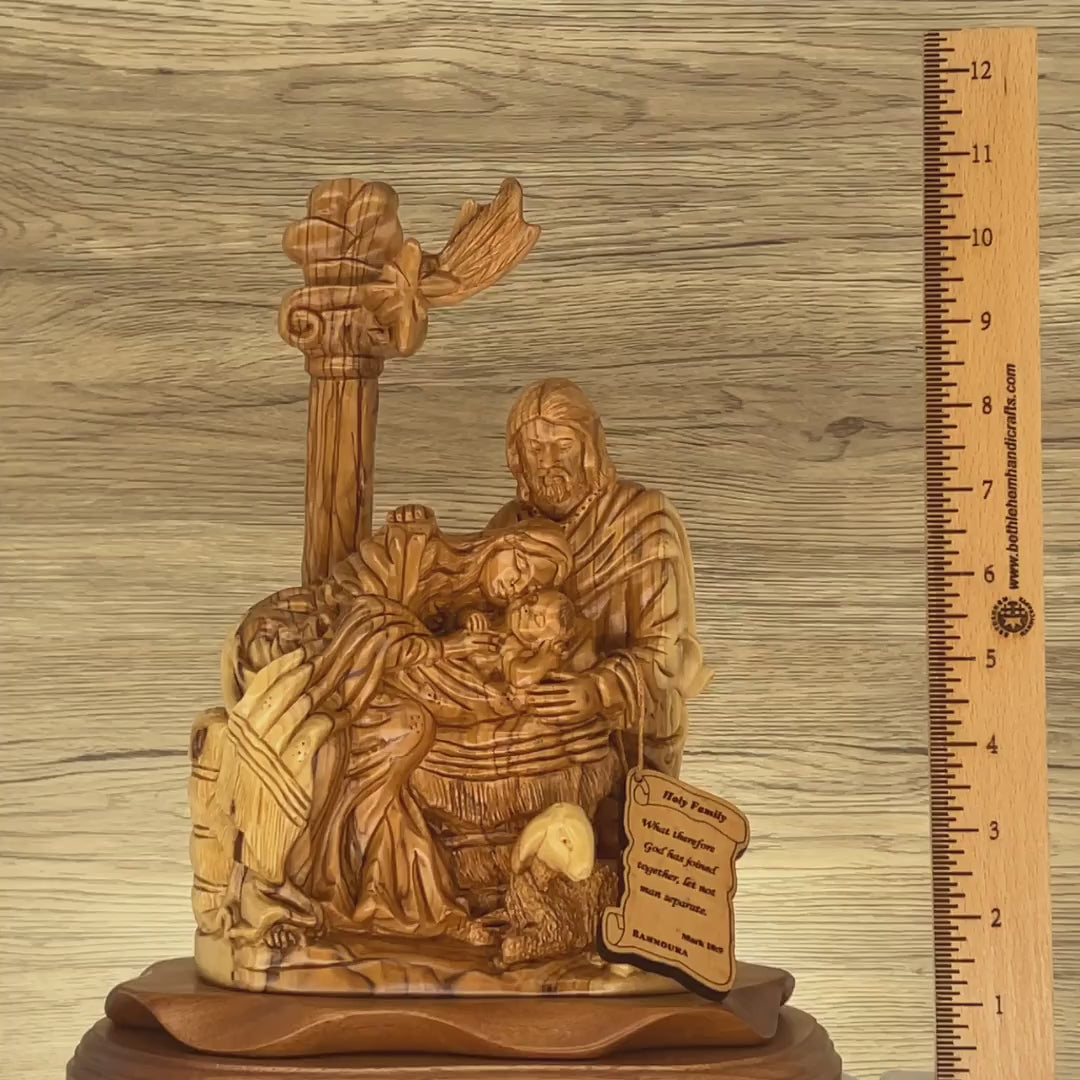 Holy Family with Nativity Star, 11.4" Carved Olive Wood