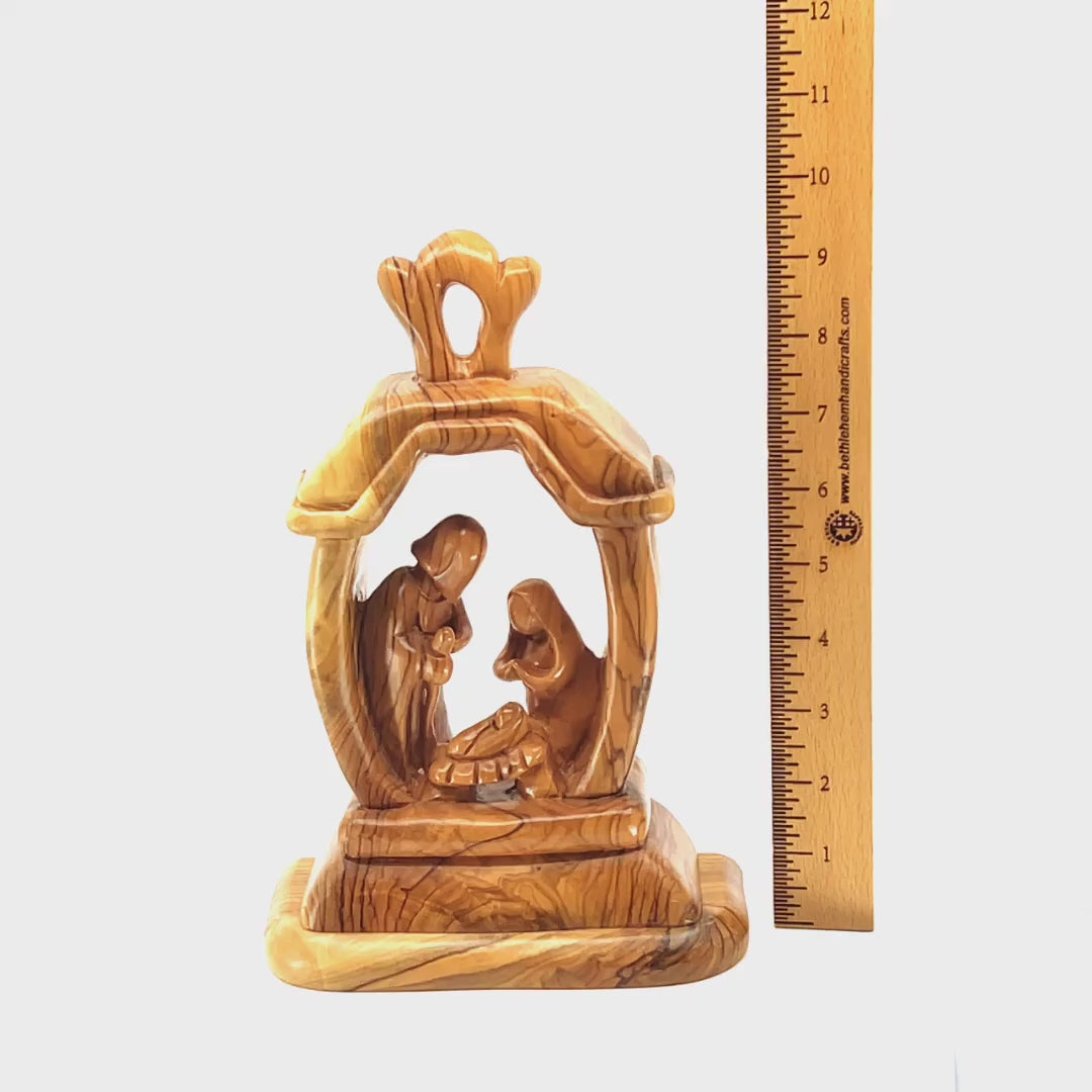 Nativity Scene with The Holy Family, 9.4" Olive Wood Carving from Holy Land, Abstract Christmas Standing Ornament