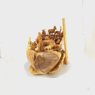 Noah's Ark with Carved Animals Figurines, 34" Long, Very Large Olive Wood Carving from Holy Land