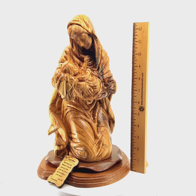 Virgin Mary Holding Holy Child, 13.4" Carved from the Holy Land Olive Wood