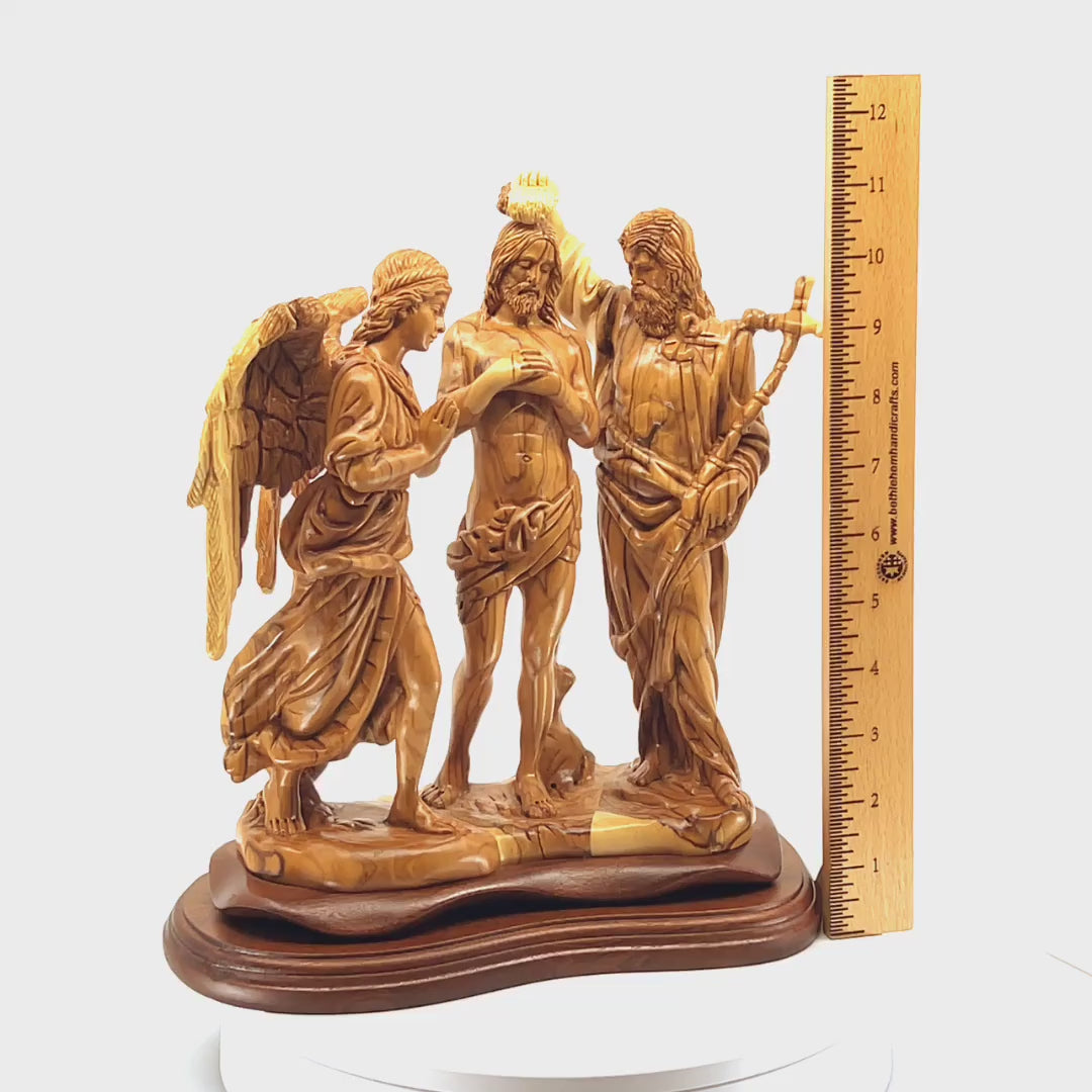 Jesus Christ "Baptism by Saint John" with Angel Sculpture, 11.4" Holy Land Carving from Olive Wood