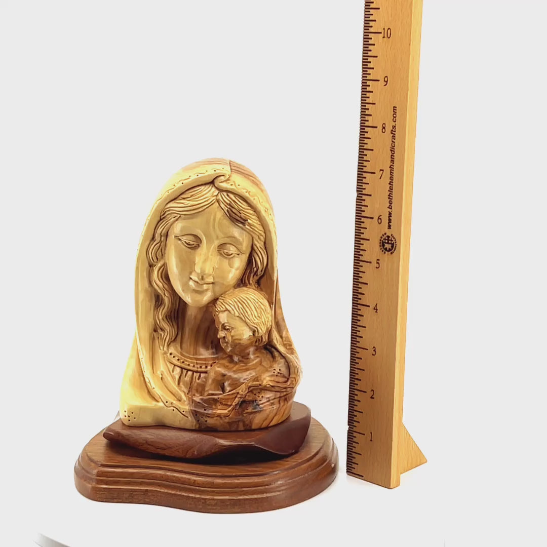 Virgin Mary with Baby Jesus Bust Statue, 7.5" Carving Olive Wood