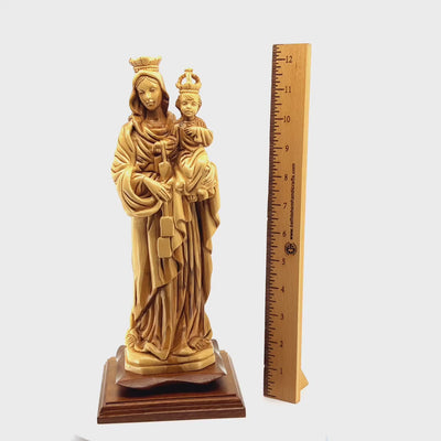 Virgin Mary "Our Lady of Mount Carmel" Statue, 17.3" with Baby Jesus Christ Carved from Holy Land Olive Wood