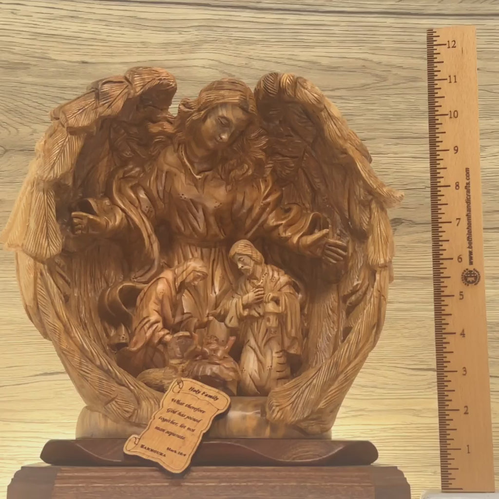 Guardian Angel with Holy Family Nativity Scene Masterpiece 11.8" , Christmas Art Masterpiece Olive Wood Carved Sculpture from the Holy Land