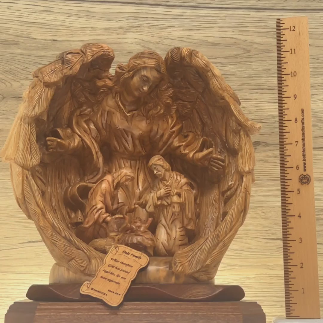 Guardian Angel with Holy Family Nativity Scene Masterpiece 11.8" , Christmas Art Masterpiece Olive Wood Carved Sculpture from the Holy Land