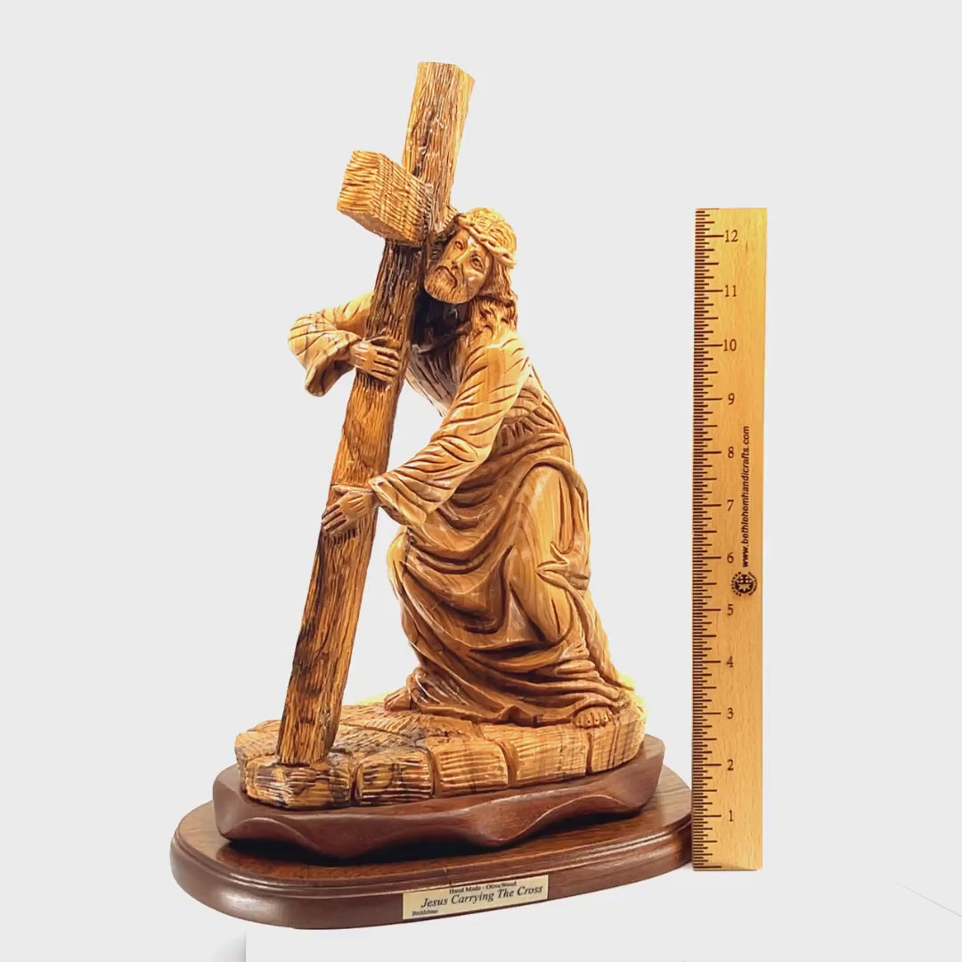Jesus Christ Carrying Cross Statue, Wood Carving 15.7"