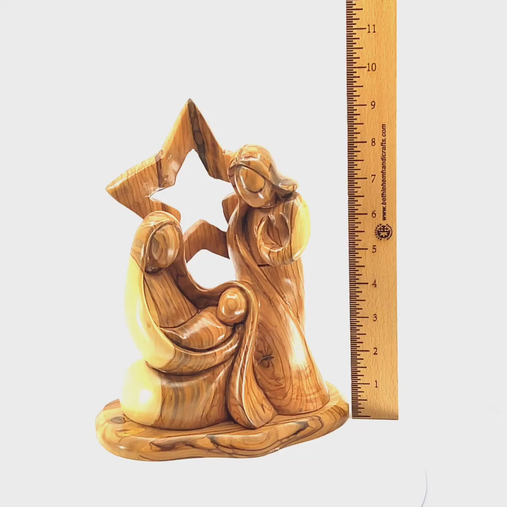 Nativity Scene with Holy Family and Star, 9.4" Manager Carving from Bethlehem Olive Wood