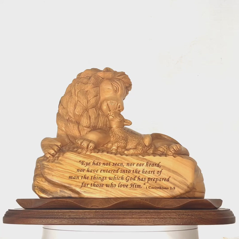 Lion with Lamb and Scripture of Corinthians, 13.8" Masterpiece Wooden Christian Carving