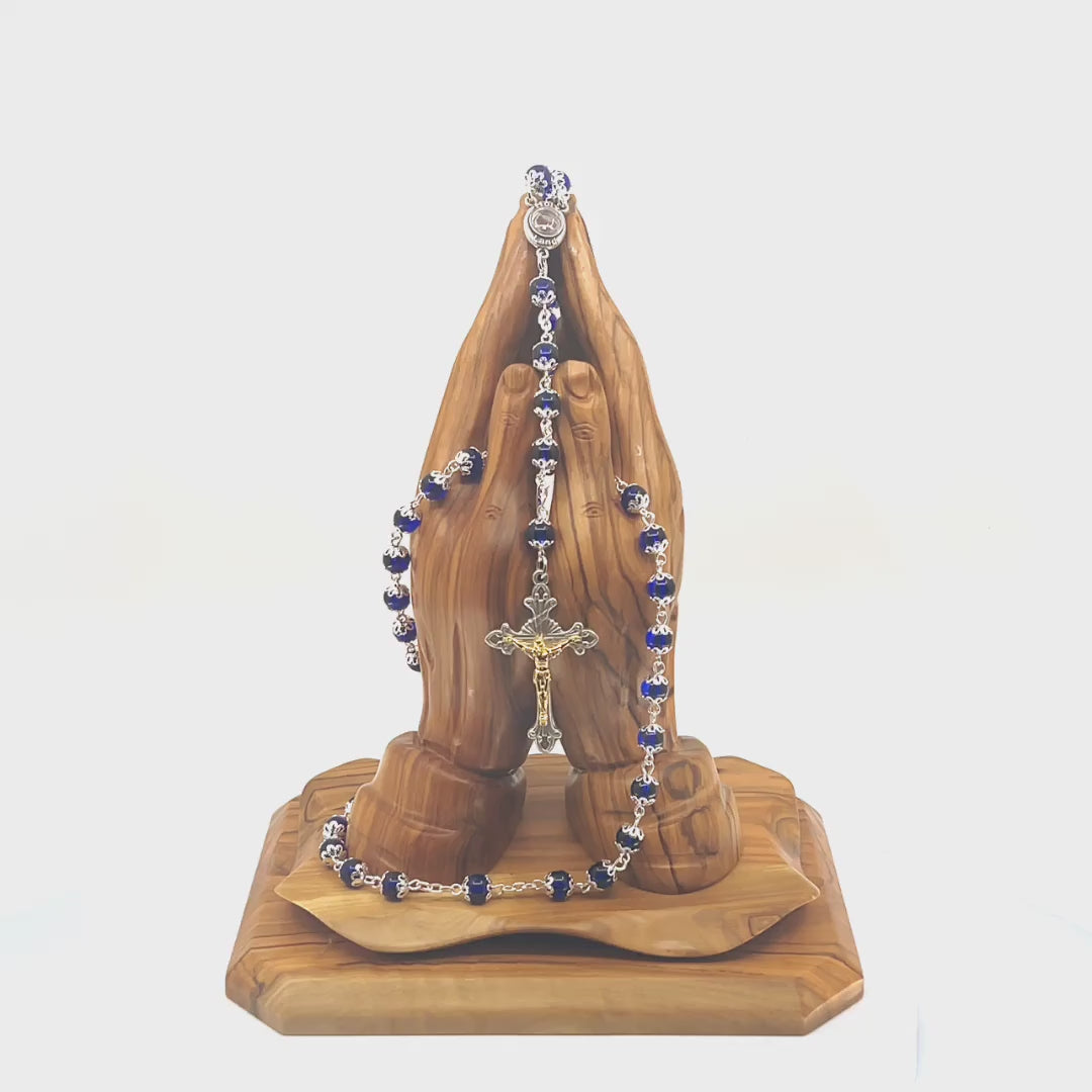 Rosary with Blue Glass Beads, Metal Chain and 2" Crucifix, Heavy Blue Coral Stone from Holy Land