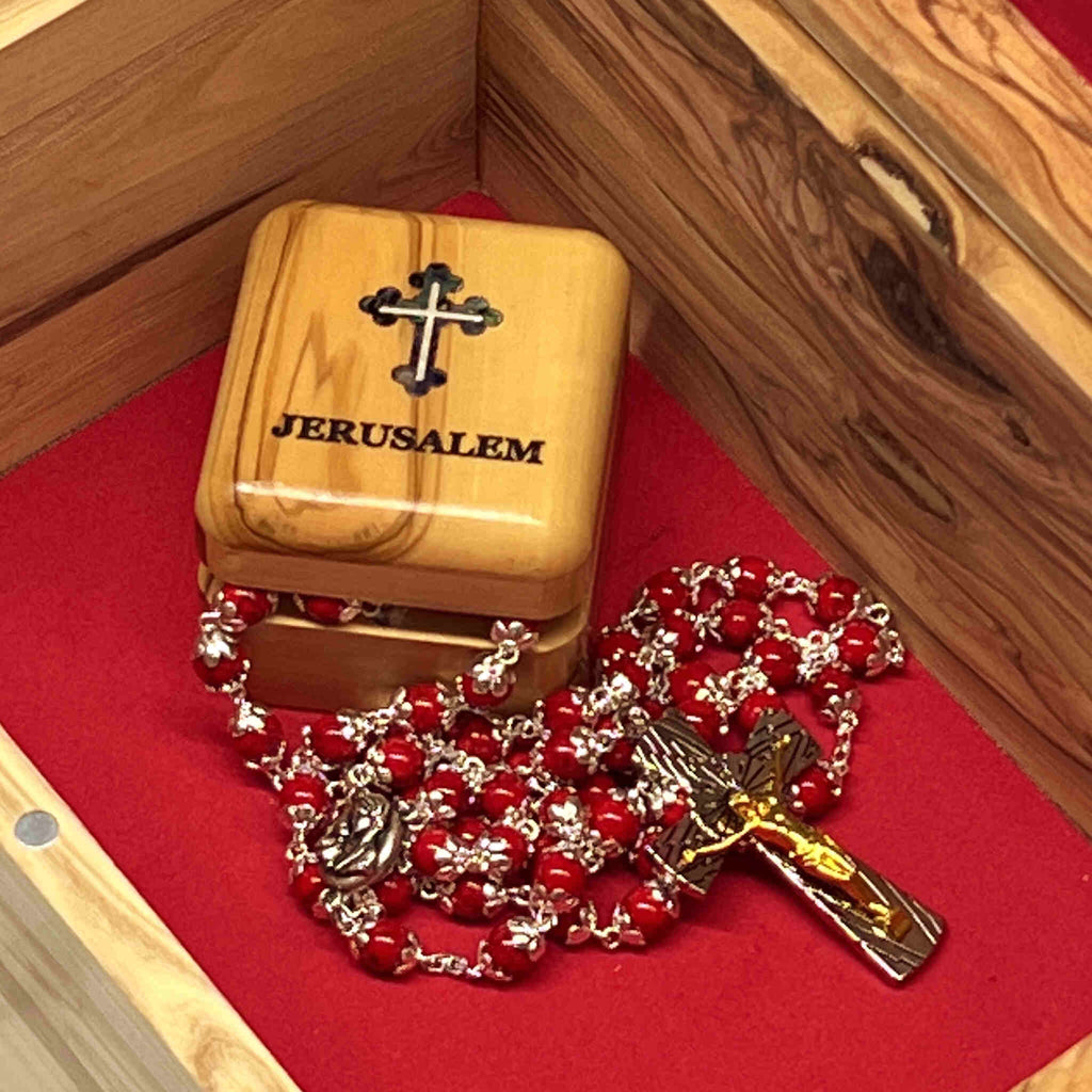 Rosary Necklace with Red Stone Beads