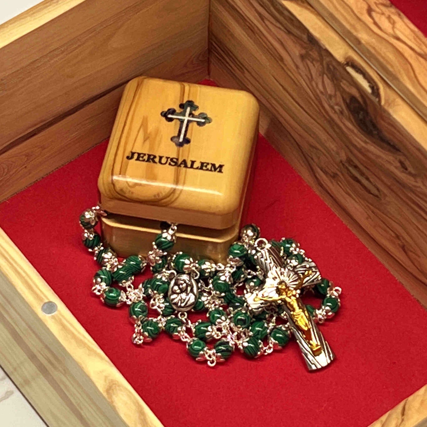 Rosary Necklace with Green Stone Beads