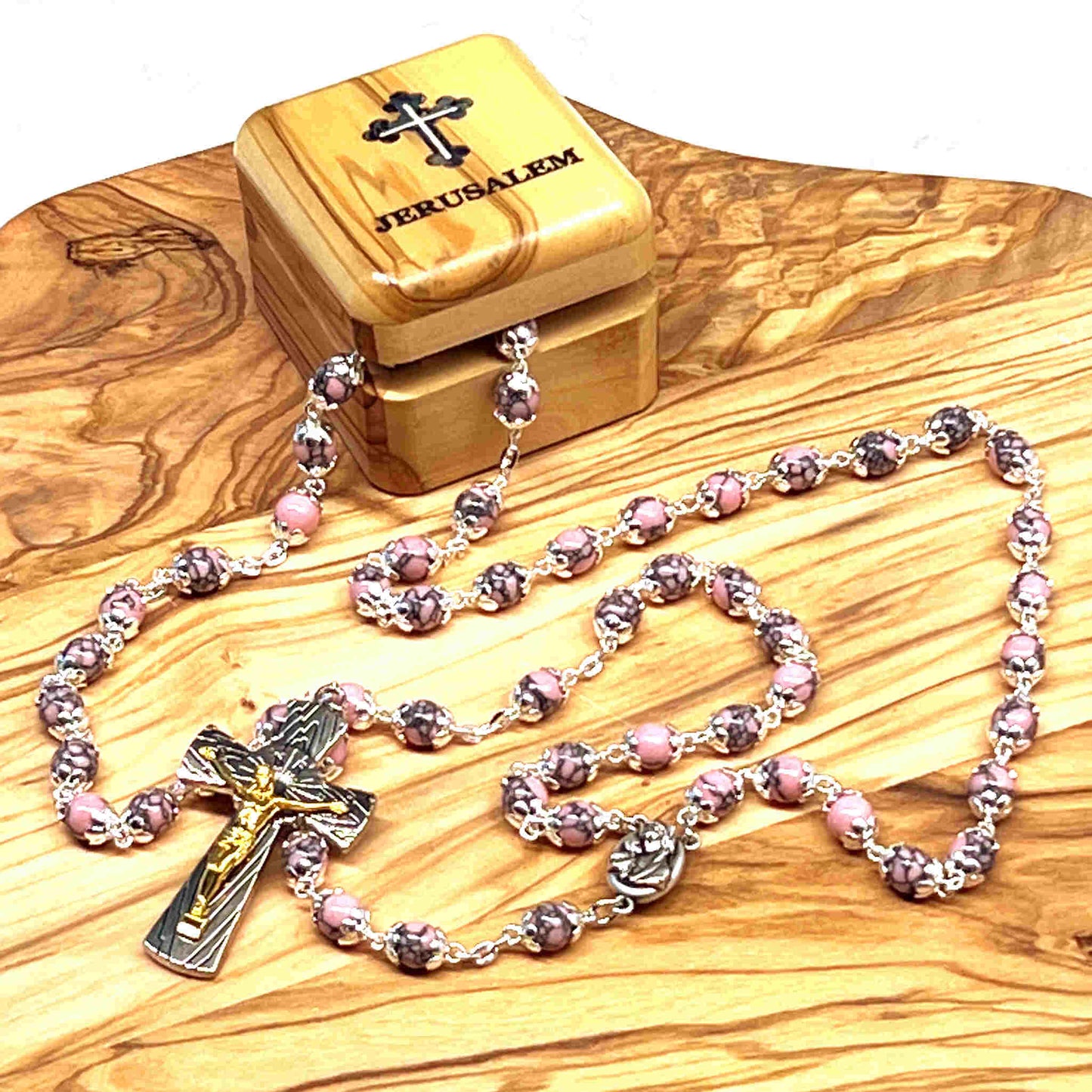 Rosary Necklace with Pink Stone Beads