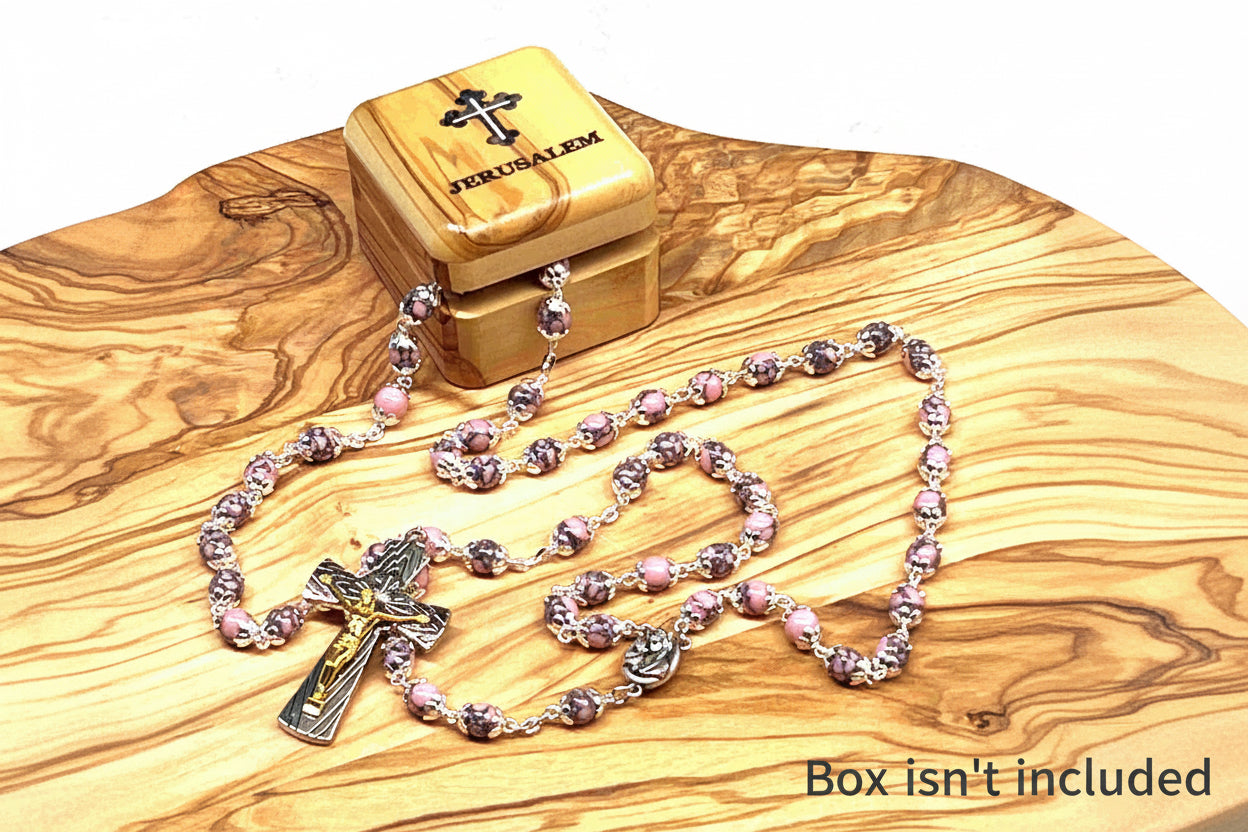 Rosary Necklace with Pink Stone Beads