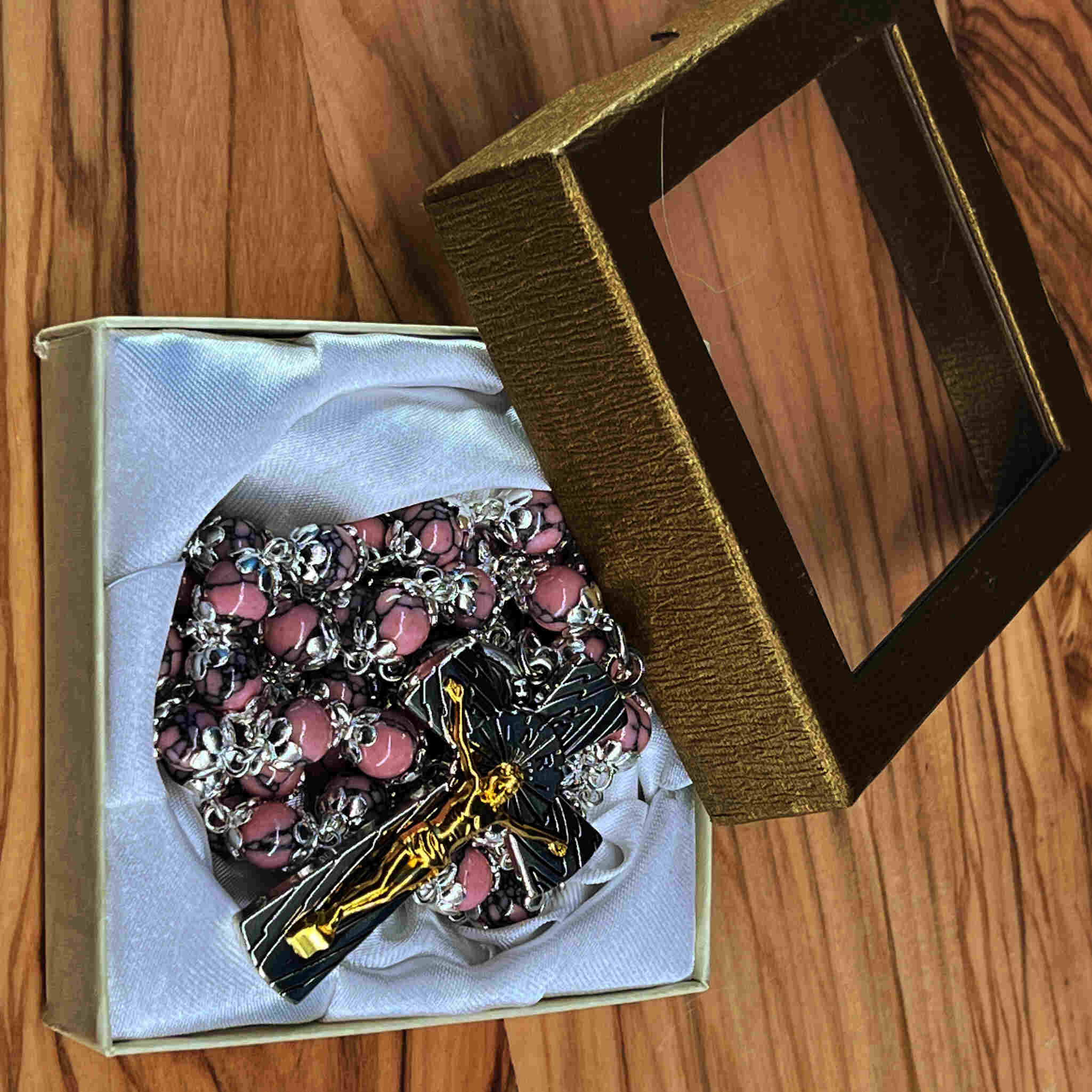 Rosary Necklace with Pink Stone Beads