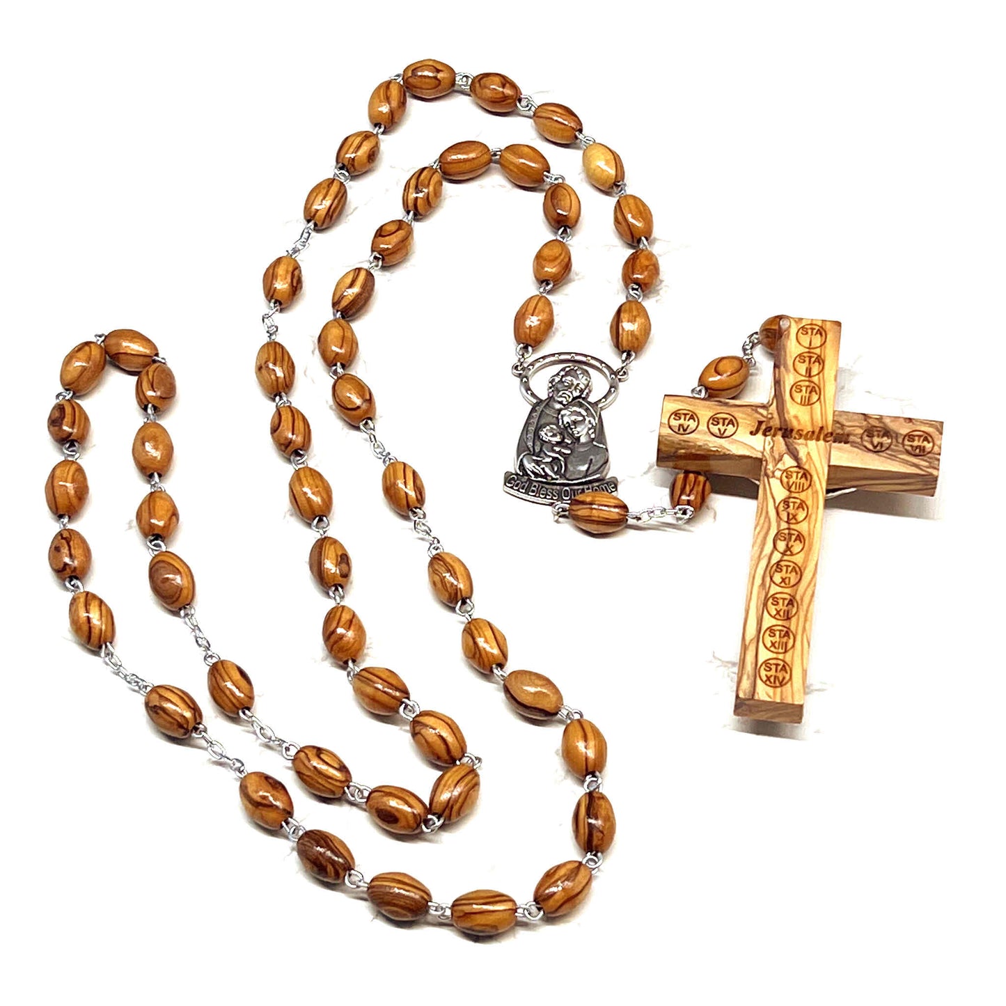 Wall Hanging Rosary, "God Bless Our Home" as Centerpiece, Large Wooden Beads from Bethlehem
