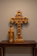 Masterpiece Standing Cross, 14 Stations of Cross Carved in Holy Land Olive Wood