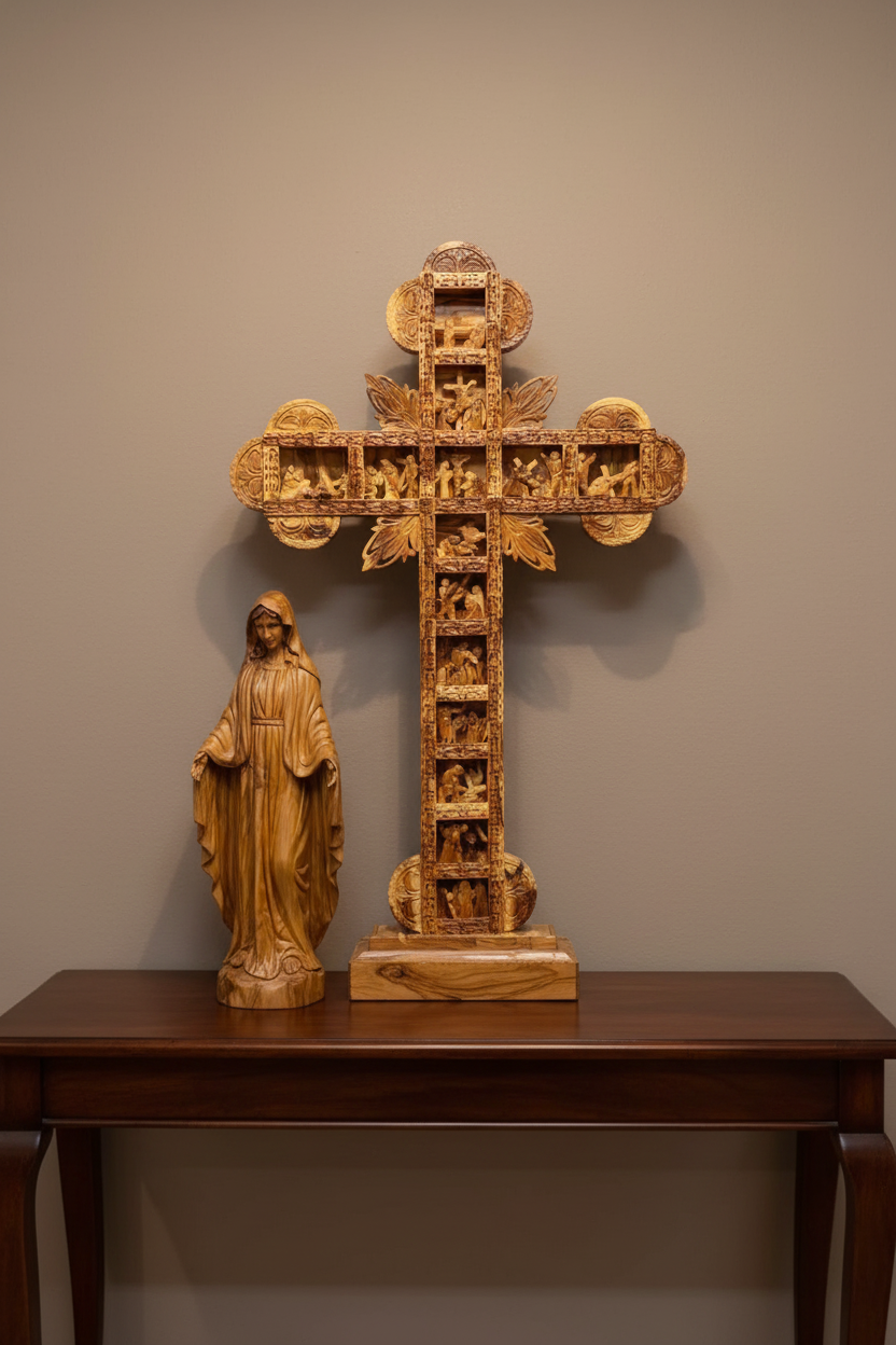 Masterpiece Standing Cross, 14 Stations of Cross Carved in Holy Land Olive Wood
