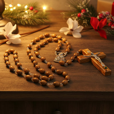 Wall Hanging Rosary, "God Bless Our Home" as Centerpiece, Large Wooden Beads from Bethlehem