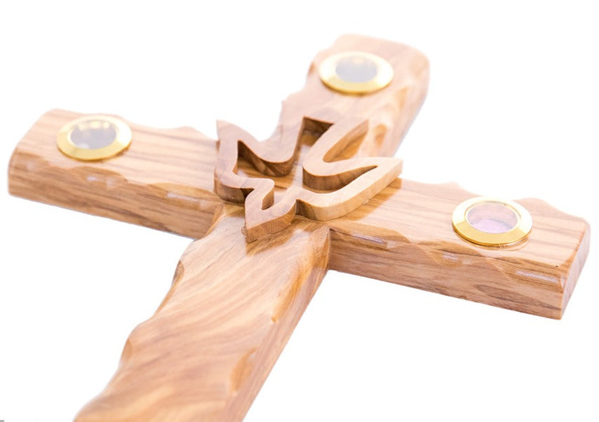 Cross with Holy Spirit Dove, 9.8" Holy Land Olive Wood