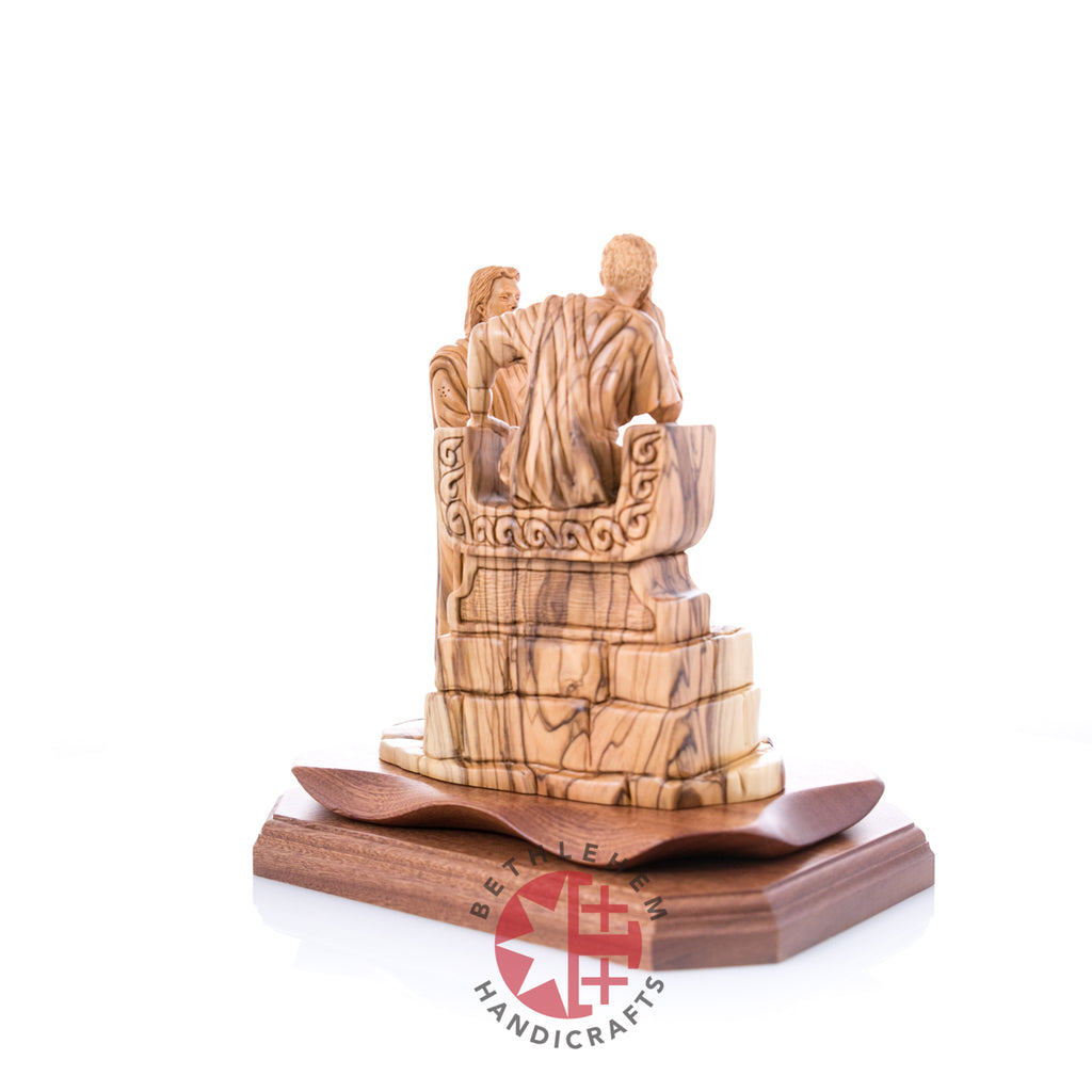 Jesus Christ statue hand carved from Bethlehem olive wood, 8.9 inch top angle showing detail of the craftsmanship