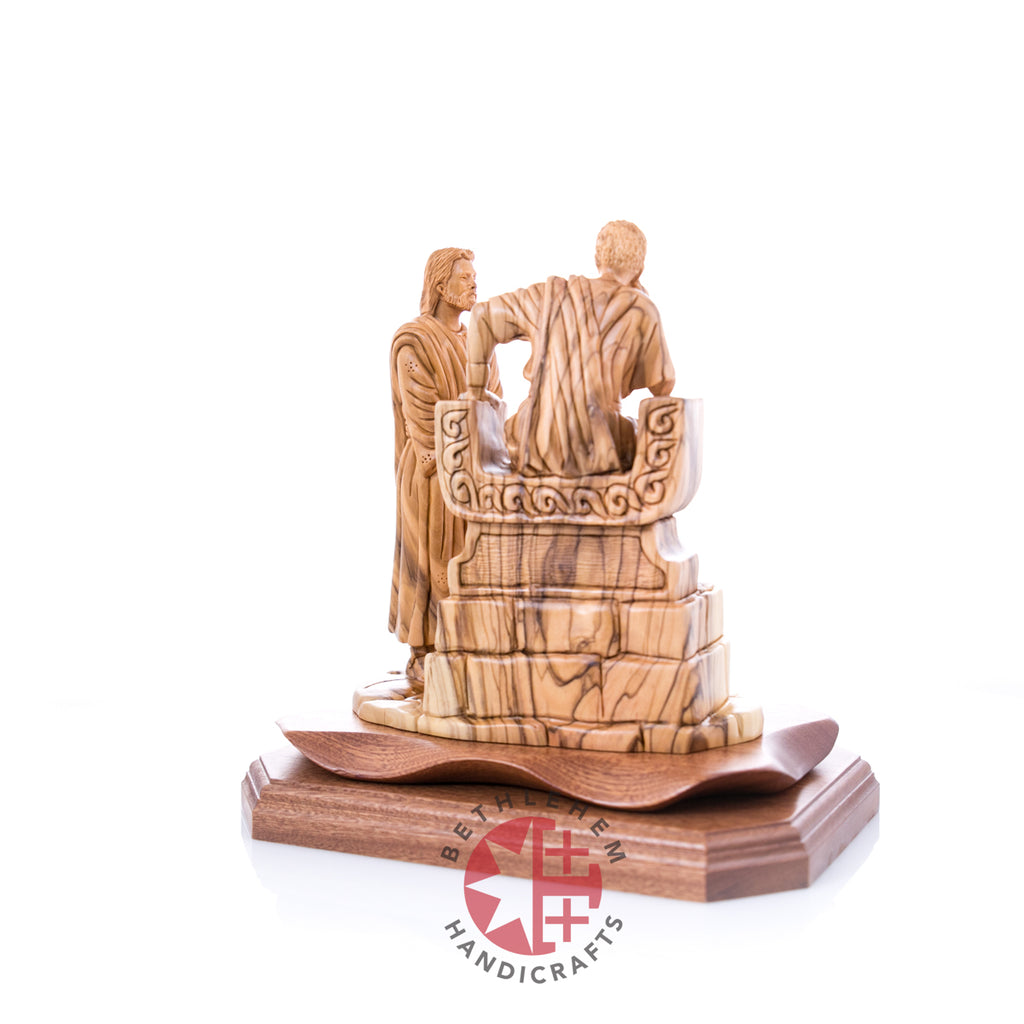 Jesus Christ statue hand carved from Bethlehem olive wood, 8.9 inch lifestyle photo on display