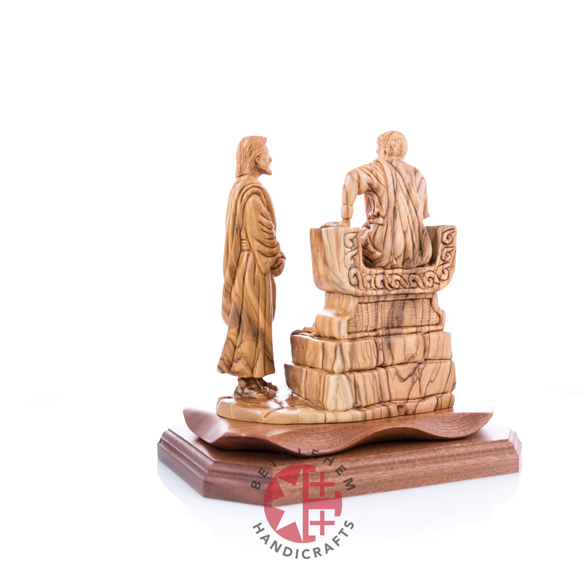 Jesus Christ statue hand carved from Bethlehem olive wood, 8.9 inch opposite side angle of the religious sculpture