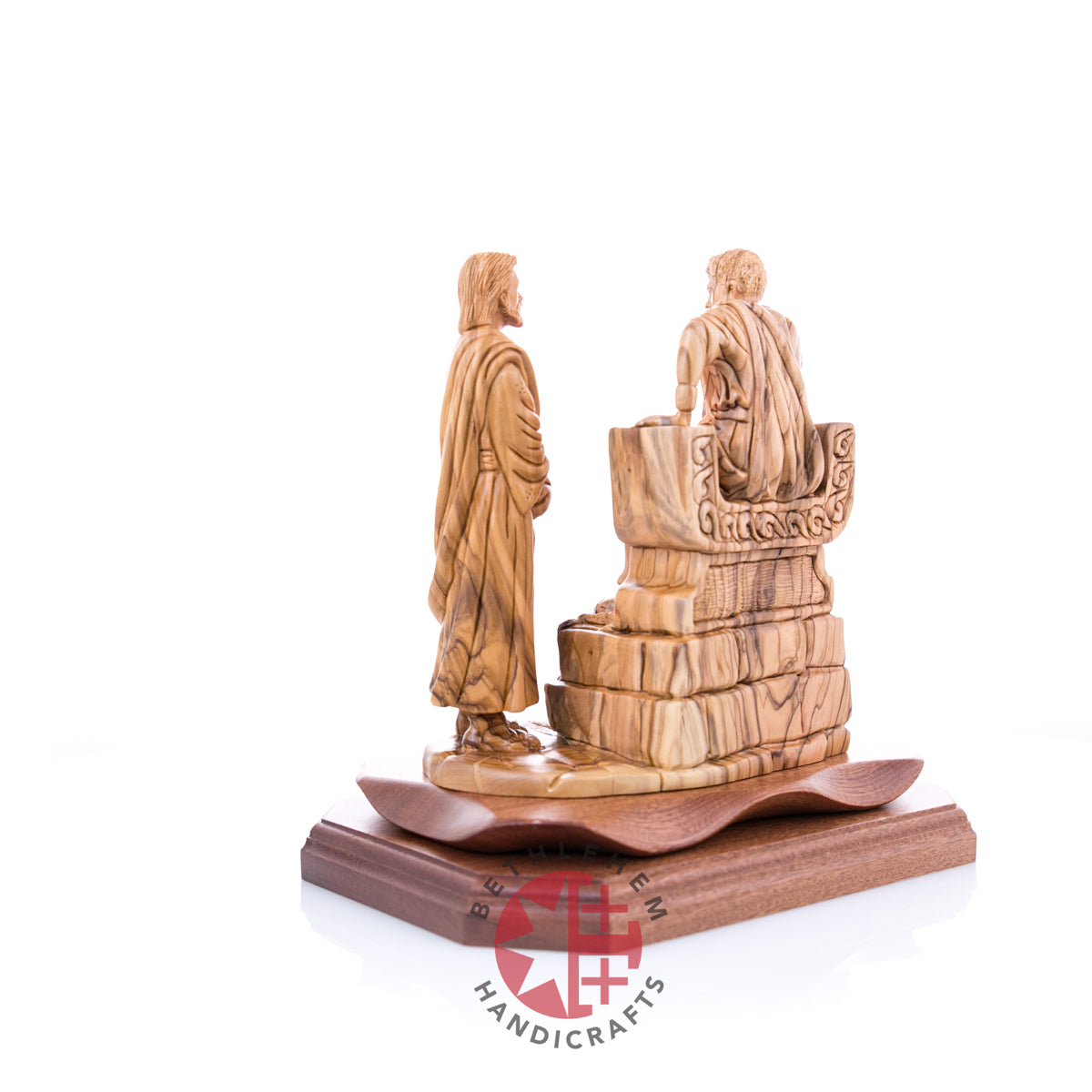 Jesus Christ statue hand carved from Bethlehem olive wood, 8.9 inch detail of the carved base