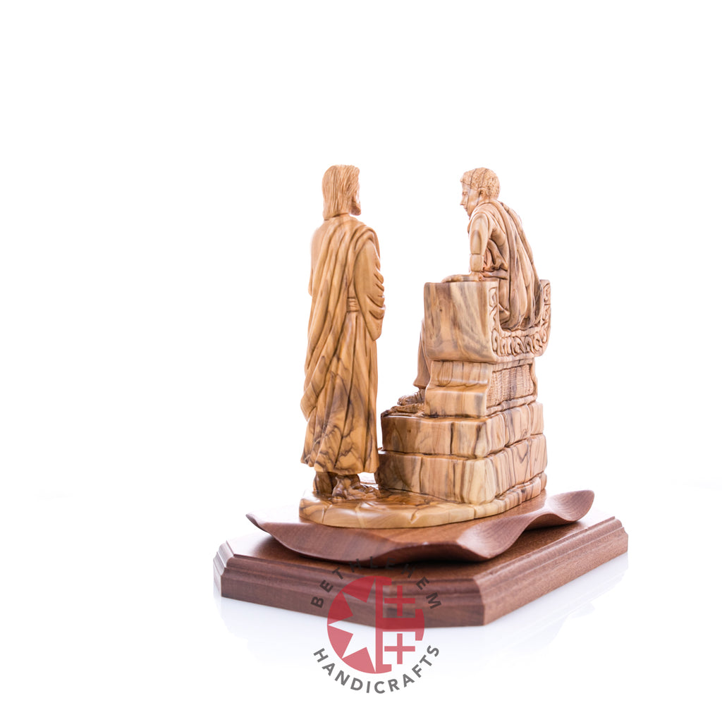 Jesus Christ statue hand carved from Bethlehem olive wood, 8.9 inch full height view of the masterpiece