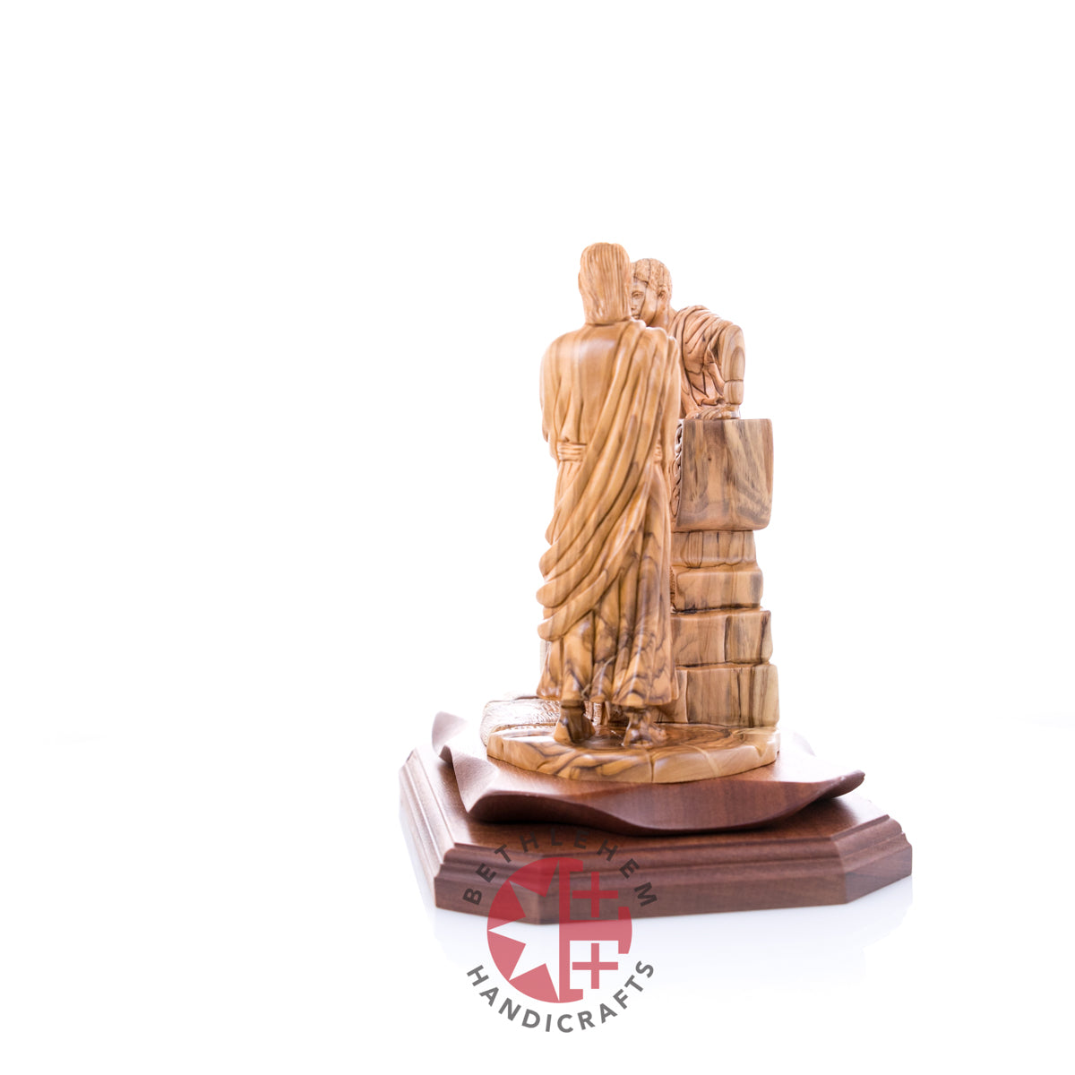 Jesus Christ statue hand carved from Bethlehem olive wood, 8.9 inch side view detail of the carved drapery