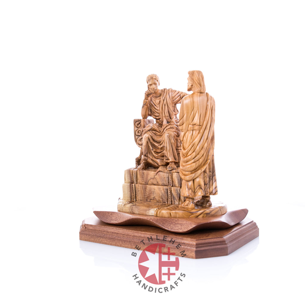 Jesus Christ statue hand carved from Bethlehem olive wood, 8.9 inch angle showing the wood color tones