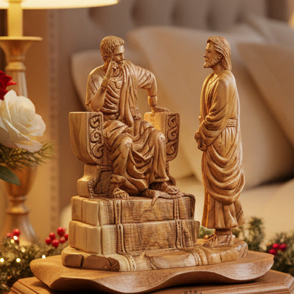 Jesus Christ statue hand carved from Bethlehem olive wood, 8.9 inch front view of the wood masterpiece