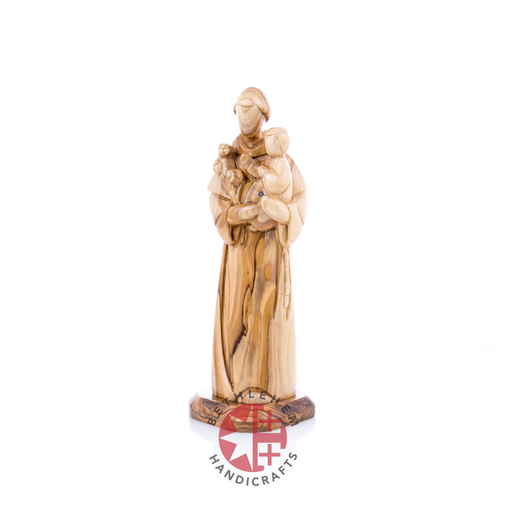 St. Anthony Holding Baby Jesus Christ Figurine, 9.1" Hand Carved Olive Wood