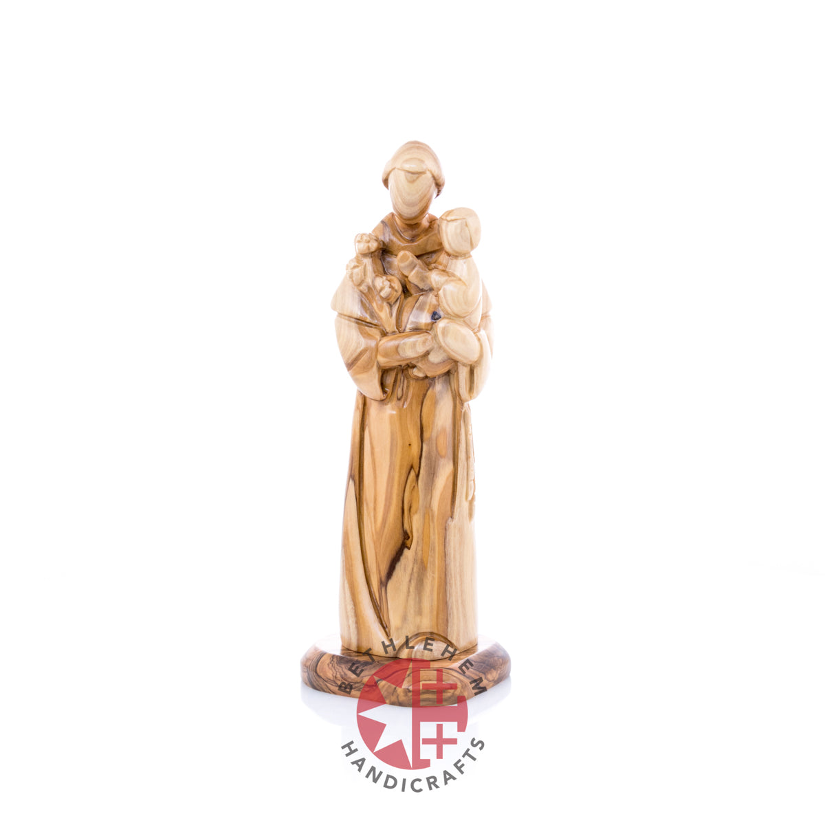 St. Anthony Holding Baby Jesus Christ Figurine, 9.1" Hand Carved Olive Wood