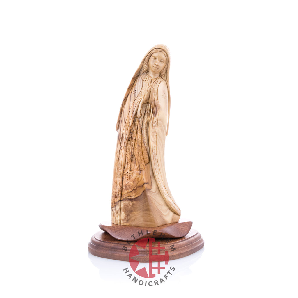 Our Lady of Lourdes olive wood statue from Bethlehem hand carved, 9.4 inch front view of the olive wood masterpiece